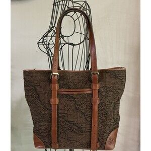 Patricia Nash Map- Print Canvas Cognac Leather Trim Tote Handbag